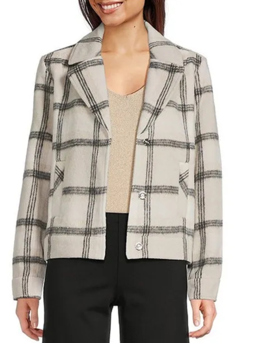 Charlie B Plaid Lurex Knit Wool Blend Short Coat Jacket Beige Black Shimmer